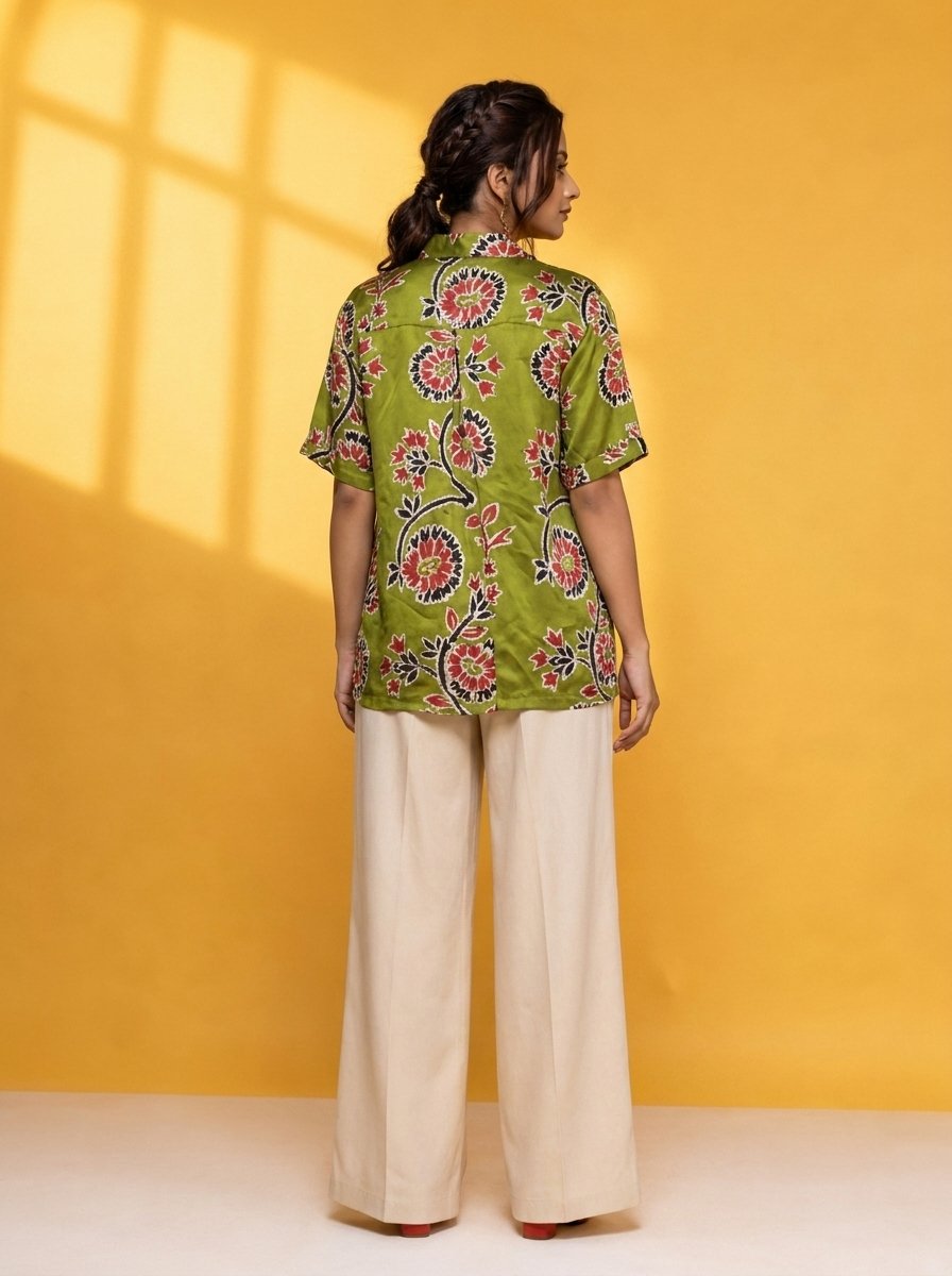 Hand Batik SPIRAL FLORAL All Over Motif Anti- Fit Dual Shade Green Color Shirt in Modal Silk with Raised Halter NeckCollar . - Image 3