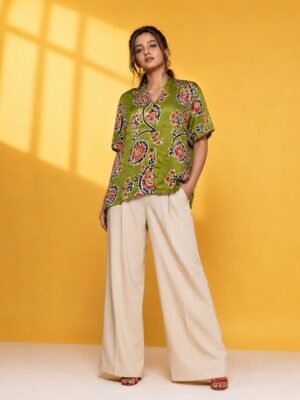 Hand Batik SPIRAL FLORAL All Over Motif Anti- Fit Dual Shade Green Color Shirt in Modal Silk with Raised Halter NeckCollar .