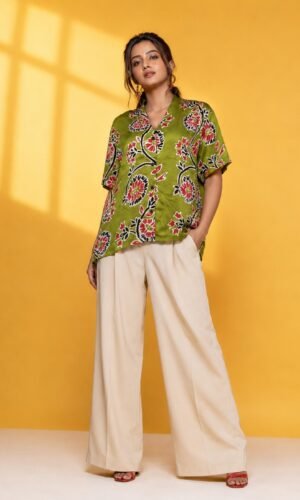 Hand Batik SPIRAL FLORAL All Over Motif Anti- Fit Dual Shade Green Color Shirt in Modal Silk with Raised Halter NeckCollar .