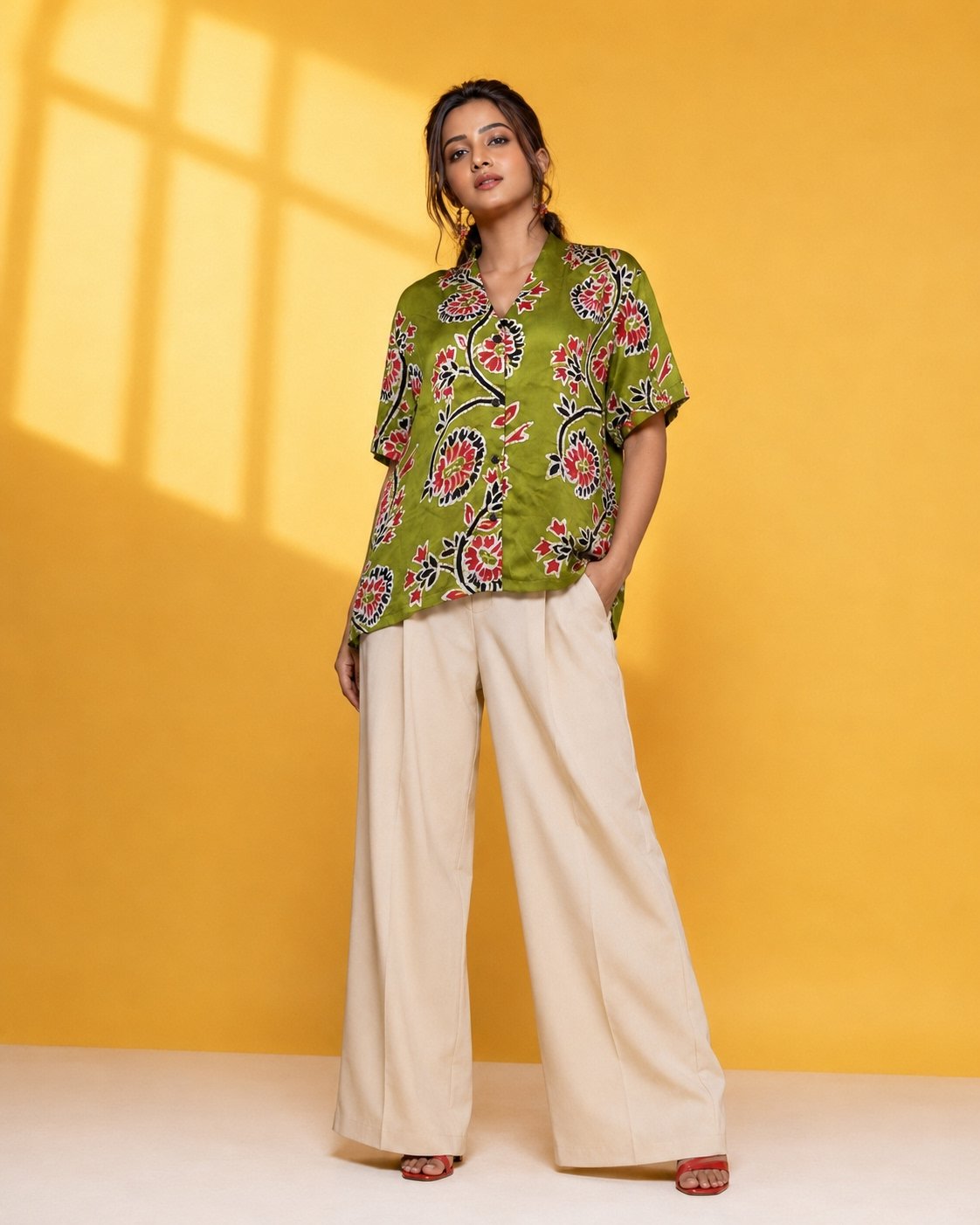 Hand Batik SPIRAL FLORAL All Over Motif Anti- Fit Dual Shade Green Color Shirt in Modal Silk with Raised Halter NeckCollar .