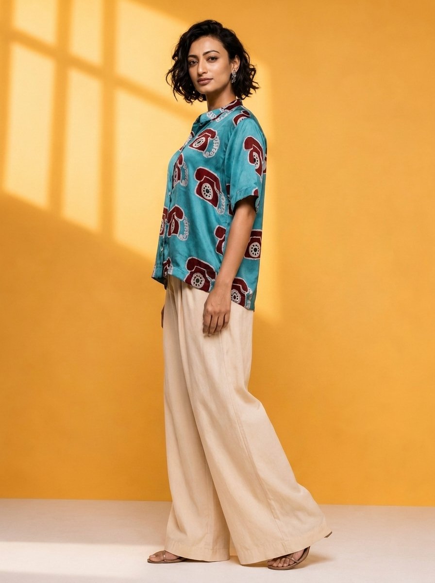 Hand Batik TELEPHONE All Over Motif Anti- Fit Sea Green Color Shirt in Modal Silk with Chinese Collar . - Image 2