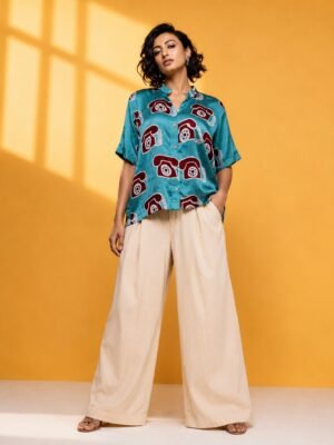 Hand Batik TELEPHONE All Over Motif Anti- Fit Sea Green Color Shirt in Modal Silk with Chinese Collar .