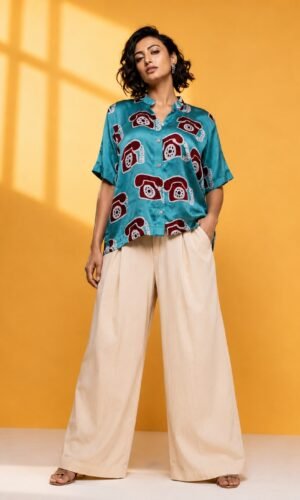 Hand Batik TELEPHONE All Over Motif Anti- Fit Sea Green Color Shirt in Modal Silk with Chinese Collar .