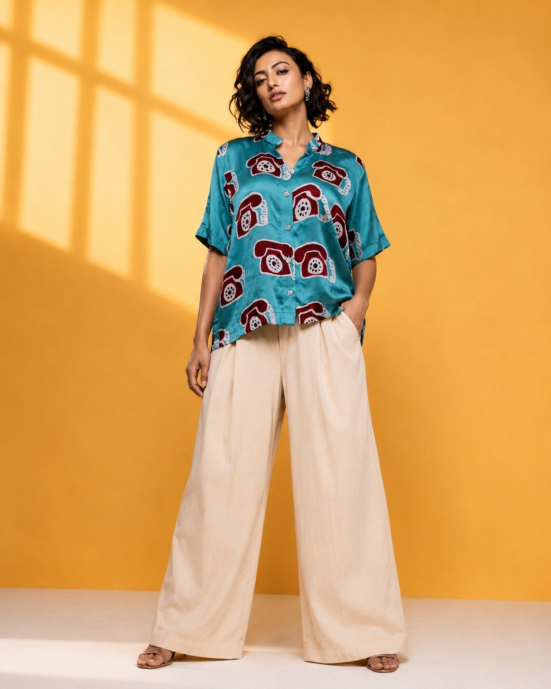 Hand Batik TELEPHONE All Over Motif Anti- Fit Sea Green Color Shirt in Modal Silk with Chinese Collar .
