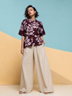 Hand Batik LEAFY All Over Motif Anti- Fit Dark Maroon Color Shirt in Malai Cotton Silk with Chinese Collar .