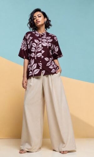 Hand Batik LEAFY All Over Motif Anti- Fit Dark Maroon Color Shirt in Malai Cotton Silk with Chinese Collar .