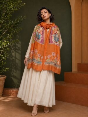 Hand Batik Pichwai Art  inspired Stole in Orange color in Pure Silk Fabric  .