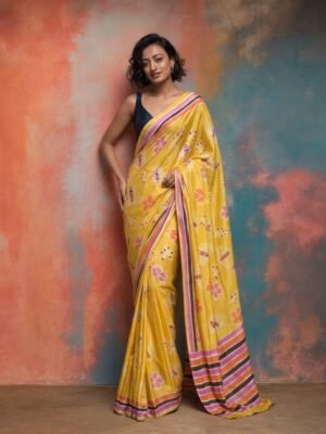 Hand Batik HONEY BEE & FlLORAL DESIGN Themed Saree in Yellow color in Modal Silk Fabric with Defined Saree  Border and Saree Pallu. Fabric- Pure Modal Silk,Nature of Print- Authentic Hand Batik. Saree without Blouse Piece- 5.5-5.6 metres.
