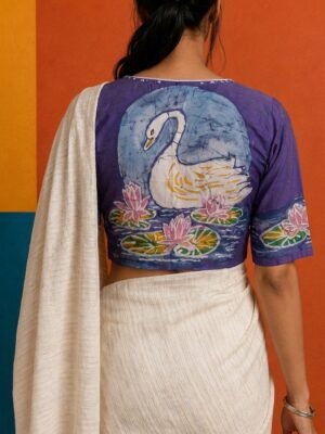 Hand Batik SWAN and POND themed   Lavender Color  Glass Sleeve Blouse in Malai Cotton silk.