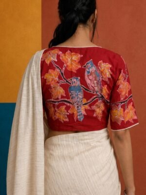 Hand Batik Bird on the Branches themed  Red Color  Glass Sleeve Blouse in Crepe silk with Lace details.