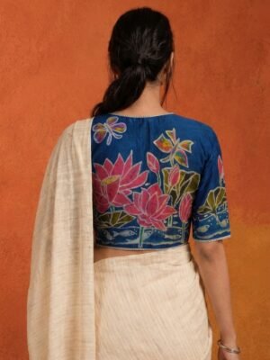 Hand Batik LOTUS  and BUTTERFLY themed   Vibrant Blue Color  Glass Sleeve Blouse in Malai Cotton silk.
