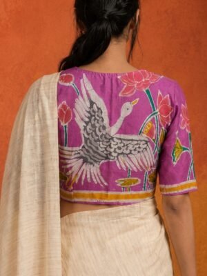 Hand Batik BIRD and LOTUS themed   Pink Color  Glass Sleeve Blouse in Malai Cotton silk.