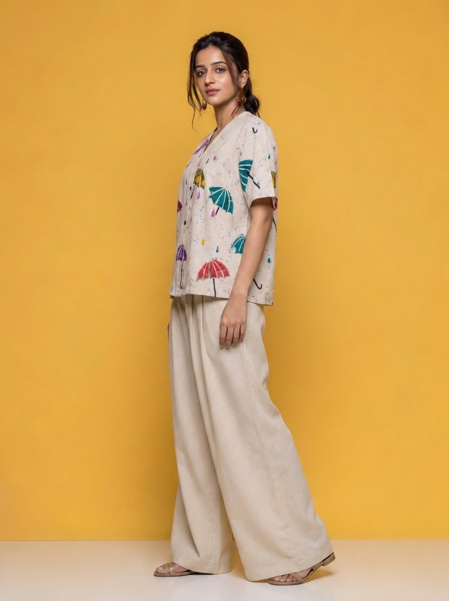 Hand Batik UMBRELLA All Over Motif Anti- Fit Off-White Base Color with Blue Crack Shirt in Malai Cotton Silk with Raised Halter Collar . - Image 2