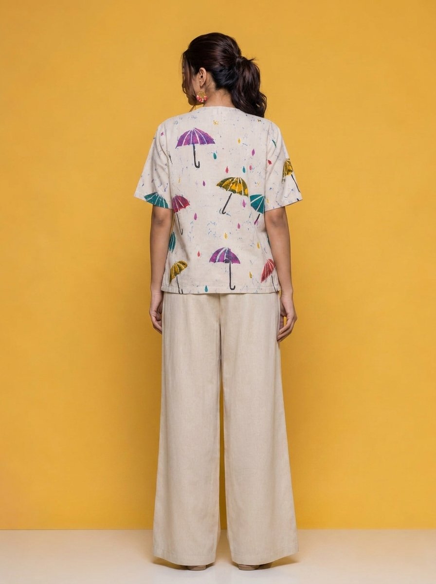 Hand Batik UMBRELLA All Over Motif Anti- Fit Off-White Base Color with Blue Crack Shirt in Malai Cotton Silk with Raised Halter Collar . - Image 3
