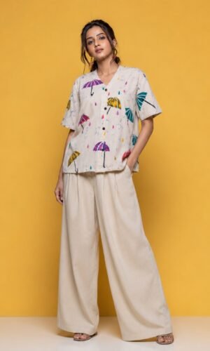 Hand Batik UMBRELLA All Over Motif Anti- Fit Off-White Base Color with Blue Crack Shirt in Malai Cotton Silk with Raised Halter Collar .
