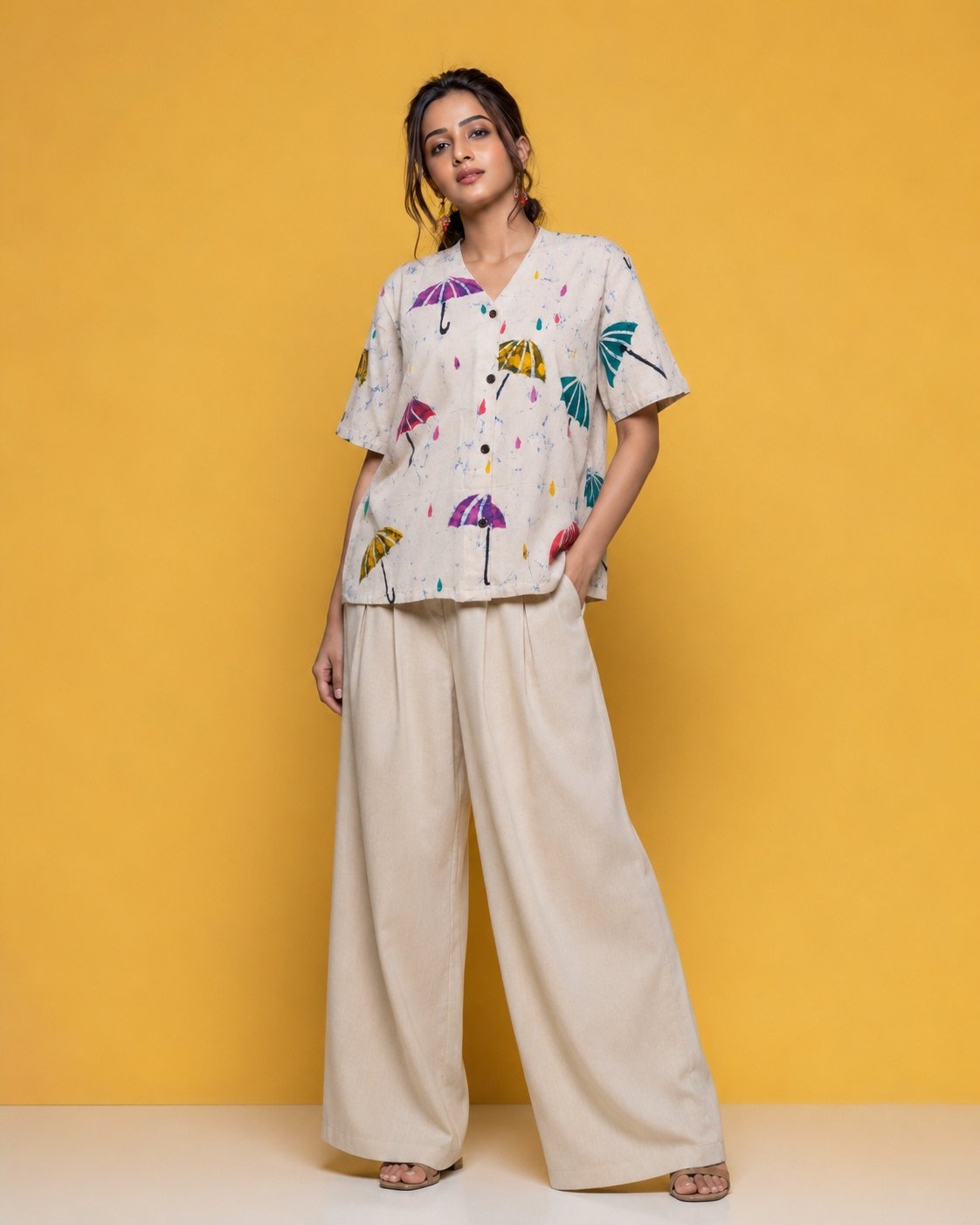 Hand Batik UMBRELLA All Over Motif Anti- Fit Off-White Base Color with Blue Crack Shirt in Malai Cotton Silk with Raised Halter Collar .