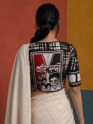 PRATIDWANDI BLOUSE- Hand Batik Bengali Cinema inspired Themed Black Color  Check Glass Sleeve Blouse in Malai Cotton silk.