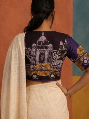 KOLKATA SERIES - Hand Batik Kolkata Victoria Taxi Themed Brinjal Color  Glass Sleeve Blouse in Malai Cotton silk.