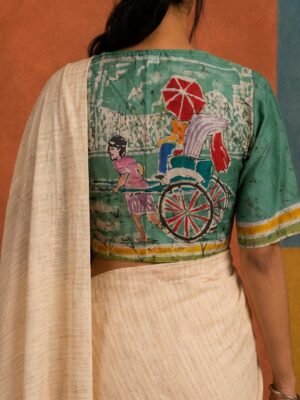 KOLKATA SERIES - Hand Batik Kolkata Tana Rickshaw Themed Faded Sea Green Color  Glass Sleeve Blouse in Malai Cotton silk.