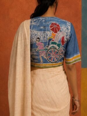 KOLKATA SERIES - Hand Batik Kolkata Tana Rickshaw Themed Light Blue Color  Glass Sleeve Blouse in Malai Cotton silk.