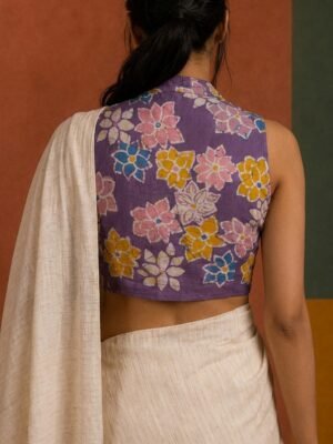 HALTER NECK BLOUSE - Hand Batik All over Floral  Dark Mauve Color  Sleeveless Blouse in Malai Cotton silk.