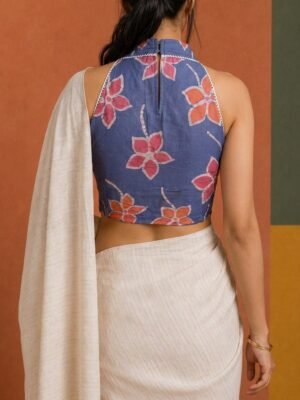 HALTER NECK BLOUSE - Hand Batik All over Floral   Blue  Color  Sleeveless Blouse in Malai Cotton silk with Lace Piping.