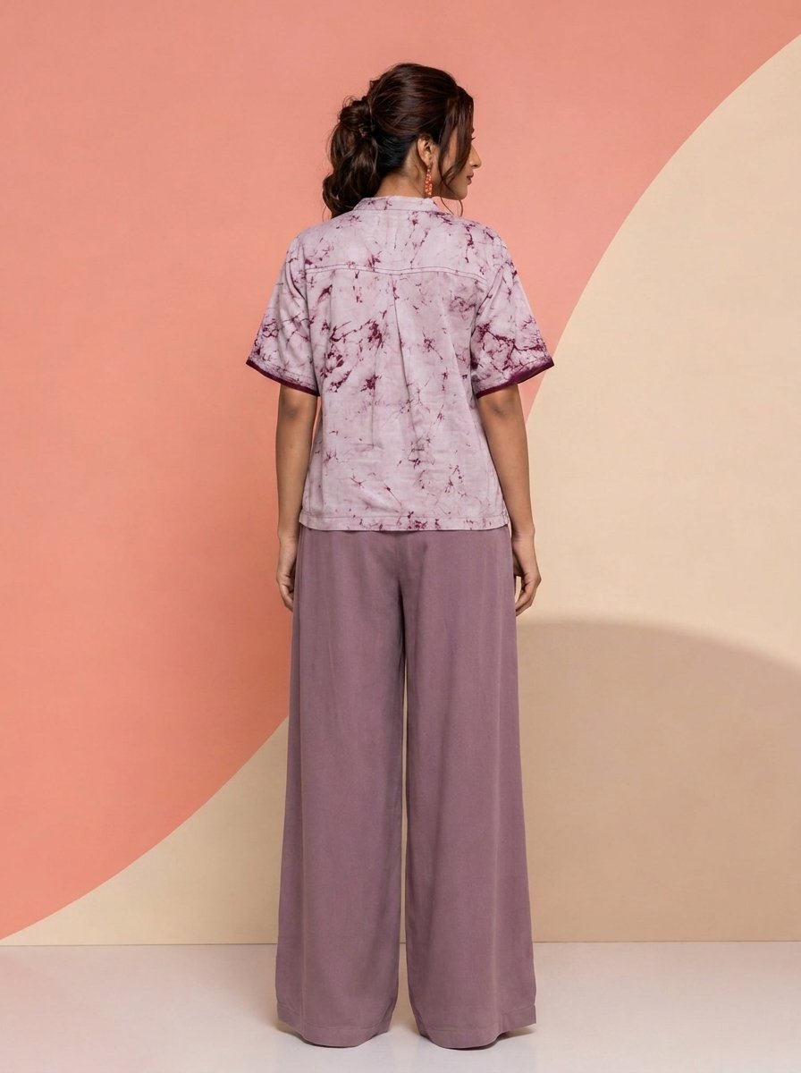 Hand Batik OLD KOLKATA LANDSCAPE Anti- Fit Off-White Base Color with Maroon Crack Shirt in Malai Cotton Silk with Chinese Collar . - Image 3