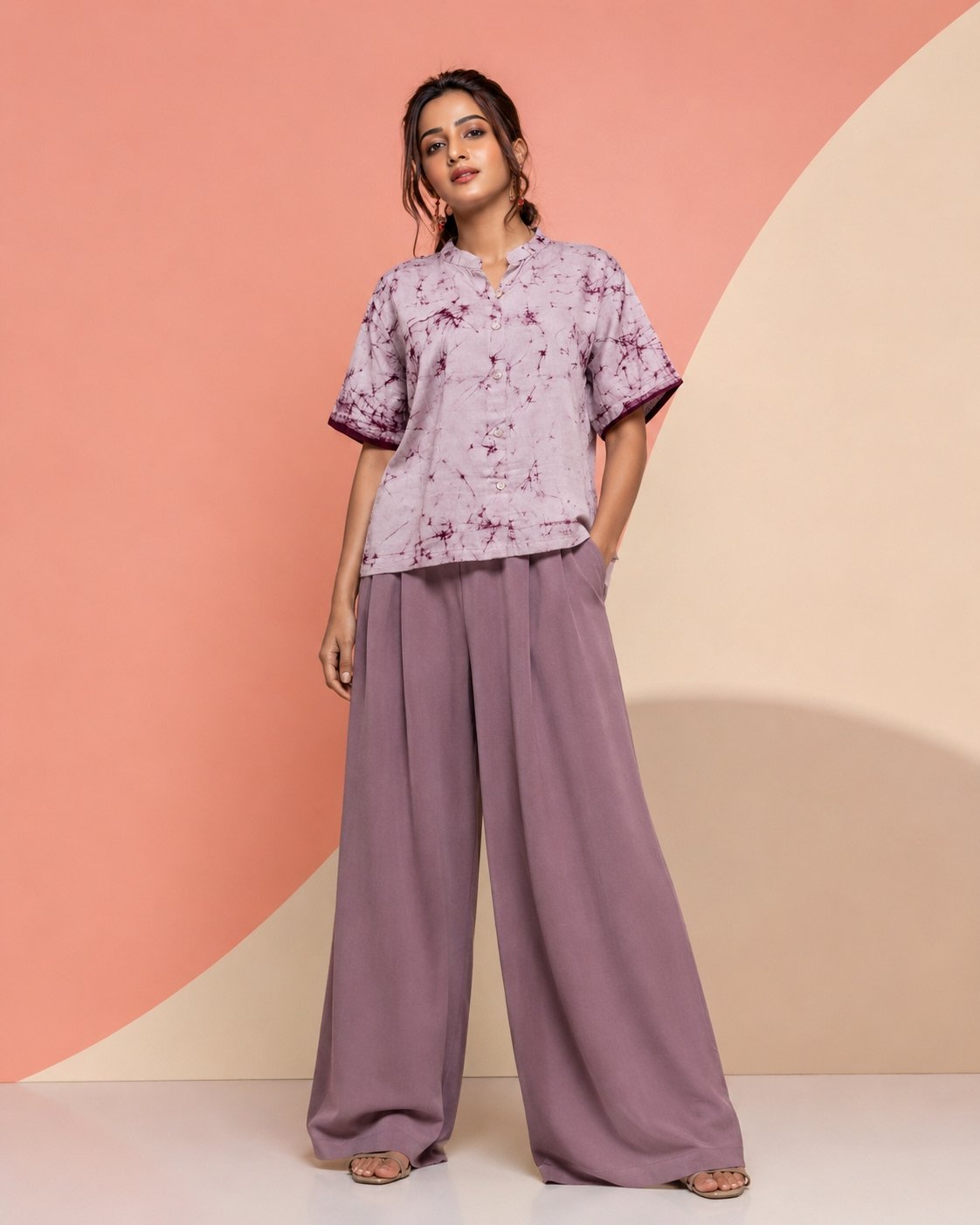 Hand Batik OLD KOLKATA LANDSCAPE Anti- Fit Off-White Base Color with Maroon Crack Shirt in Malai Cotton Silk with Chinese Collar .