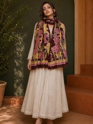 Hand Batik Long Floral Strand   Stole in Brown color in Pure Silk Fabric  .