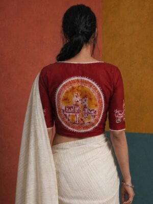 Hand Batik Bengal's Bishnupur Terracotta Horses Themed Red Color  Glass Sleeve Blouse in Malai Cotton silk.