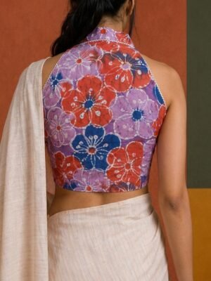 HALTER NECK BLOUSE - Hand Batik All over Floral   Multi  Color  Sleeveless Blouse in Malai Cotton silk with Lace Piping.