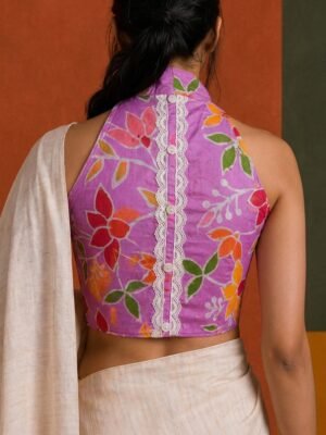 HALTER NECK BLOUSE - Hand Batik All over Floral  Pink Color  Sleeveless Blouse in Malai Cotton silk with Lace details at the back.