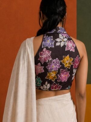 HALTER NECK BLOUSE - Hand Batik All over Floral Black Color  Sleeveless Blouse in Malai Cotton silk.