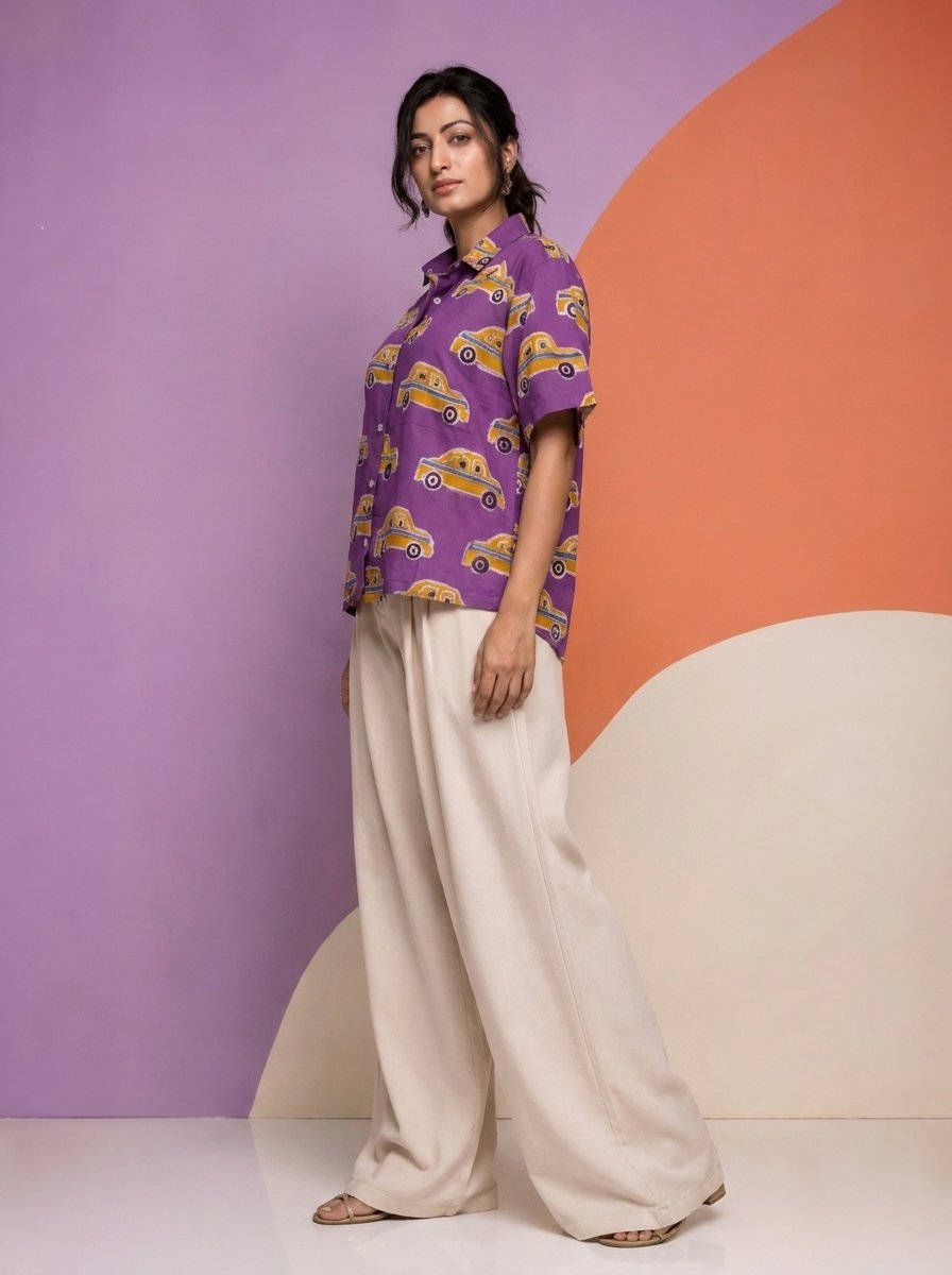 Hand Batik KOLKATA TAXI All Over Motif Anti- Fit Lavender Color Shirt in Malai Cotton Silk with Shirt Collar . - Image 2