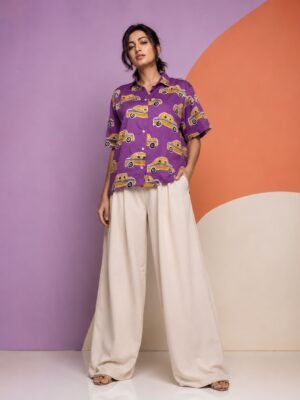Hand Batik KOLKATA TAXI All Over Motif Anti- Fit Lavender Color Shirt in Malai Cotton Silk with Shirt Collar .