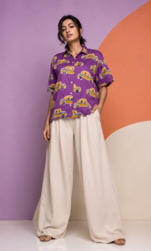 Hand Batik KOLKATA TAXI All Over Motif Anti- Fit Lavender Color Shirt in Malai Cotton Silk with Shirt Collar .