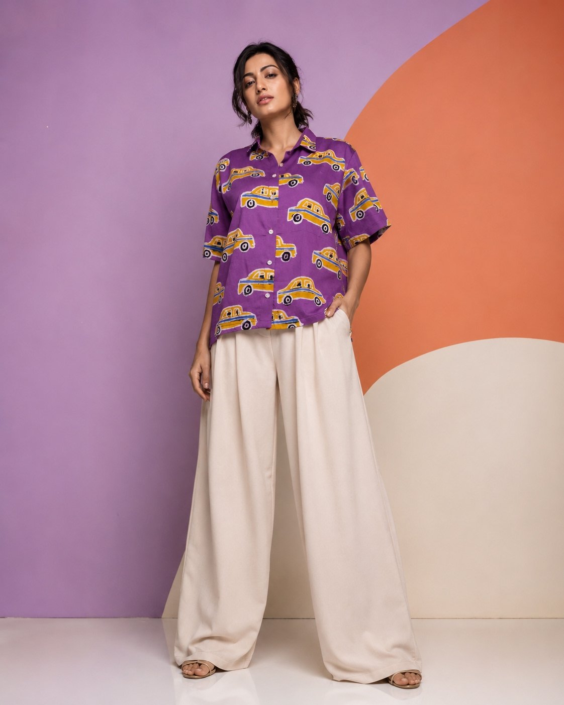 Hand Batik KOLKATA TAXI All Over Motif Anti- Fit Lavender Color Shirt in Malai Cotton Silk with Shirt Collar .