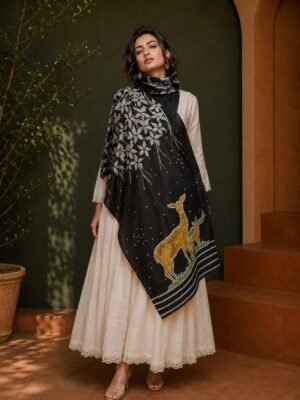 Hand Batik Deer in Jungle Themed Stole in Black color in Malai Cotton Silk Fabric  .