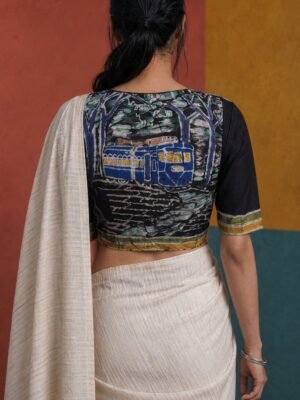 KOLKATA SERIES - Hand Batik Kolkata Tram Themed Black Color  Glass Sleeve Blouse in Malai Cotton silk.