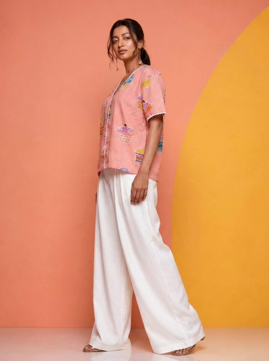 Hand Batik CUPCAKE All Over Motif Anti- Fit PEACH Color Shirt in Malai Cotton Silk with V Neck and Lace Details. - Image 2