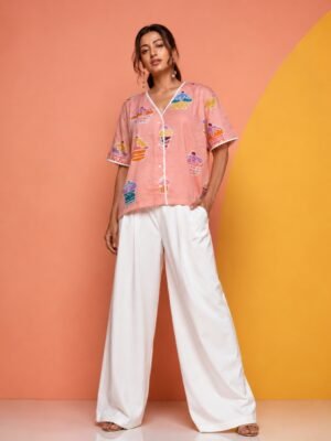 Hand Batik CUPCAKE All Over Motif Anti- Fit PEACH Color Shirt in Malai Cotton Silk with V Neck and Lace Details.