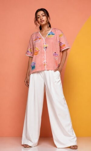 Hand Batik CUPCAKE All Over Motif Anti- Fit PEACH Color Shirt in Malai Cotton Silk with V Neck and Lace Details.
