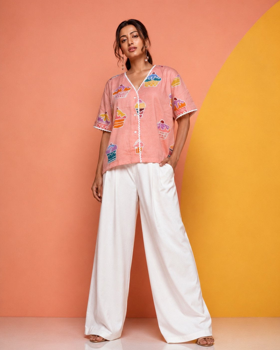 Hand Batik CUPCAKE All Over Motif Anti- Fit PEACH Color Shirt in Malai Cotton Silk with V Neck and Lace Details.