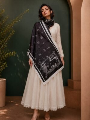 Hand Batik Bengali SOHOJ PAATH  inspired Stole in Black color in Malai Cotton Silk Fabric with Lace Details .