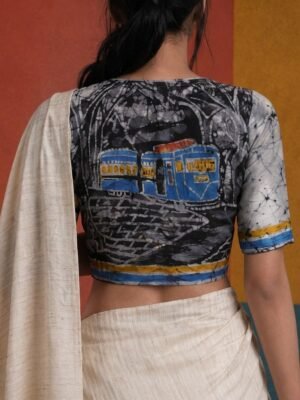 KOLKATA SERIES - Hand Batik Kolkata Tram Themed Grey Color  Glass Sleeve Blouse in Malai Cotton silk.