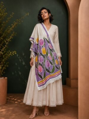 Hand Batik Tulip Garden Theme Stole in Lavender color in Malai Cotton Silk Fabric with Lace Details .