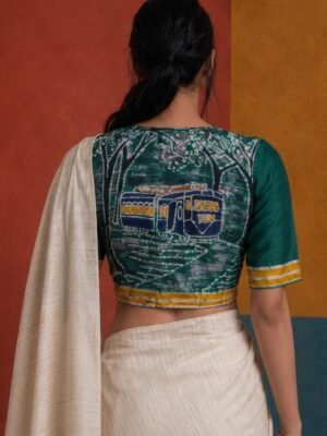 KOLKATA SERIES - Hand Batik Kolkata Tram Themed Green Color  Glass Sleeve Blouse in Malai Cotton silk.