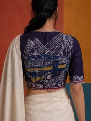 KOLKATA SERIES - Hand Batik Kolkata Bus Themed Ink Blue Color  Glass Sleeve Blouse in Malai Cotton silk.